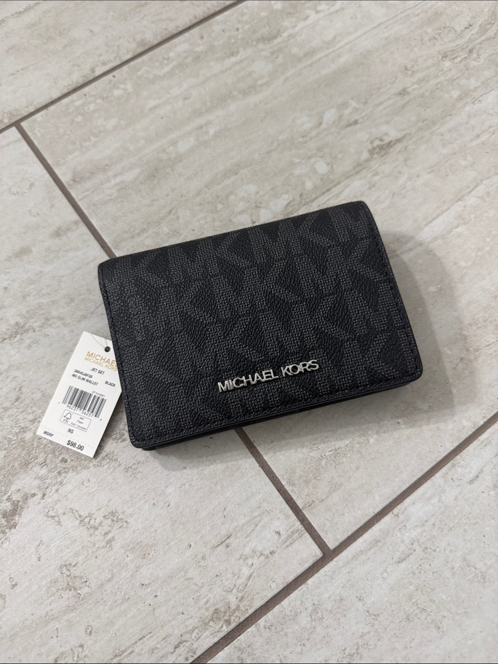 Michael Kors Black Logo-Print Trifold Wallet slim ..nwt ..silver hardware
